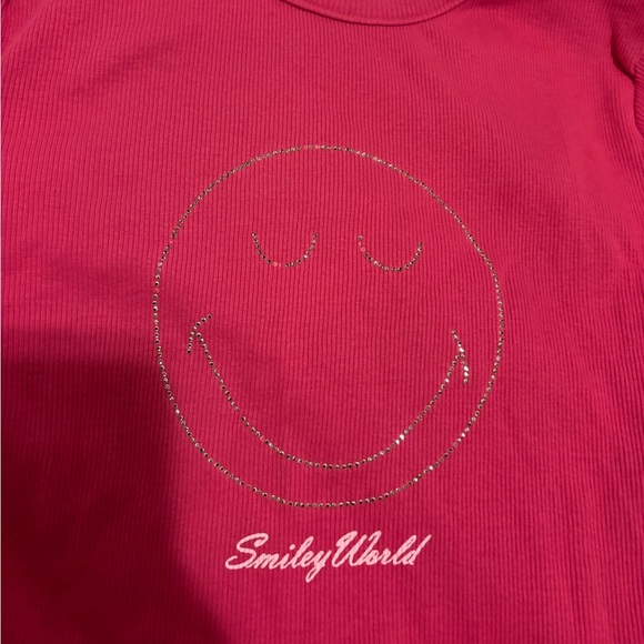 H&M Smiley World Pink Ribbed Rhinestone Smiley Face Girls Size 16 - Picture 2 of 4